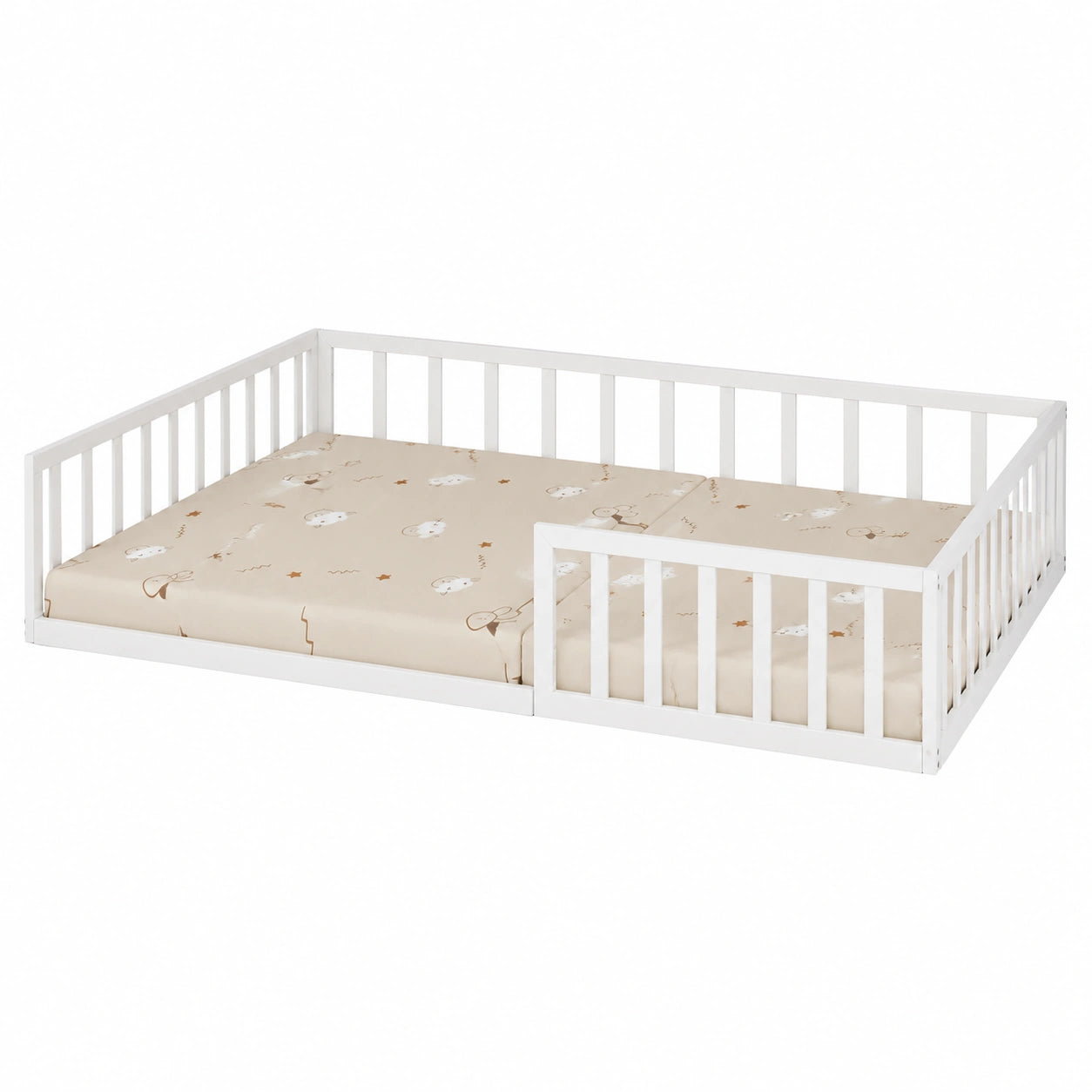 VitaliSpa Kinderbett aus Metall 140x200 cm, Bodenbett mit Rausfallschutz, Montessori Stil, inkl. Matratze, Weiß