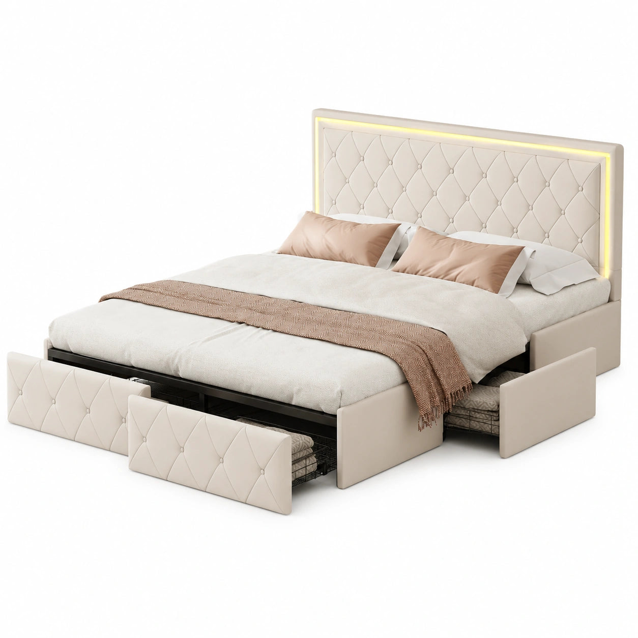 Modernes Polsterbett 140x200 mit LED-Beleuchtung und Schubladen, Jugend-Doppelbett in Weiß