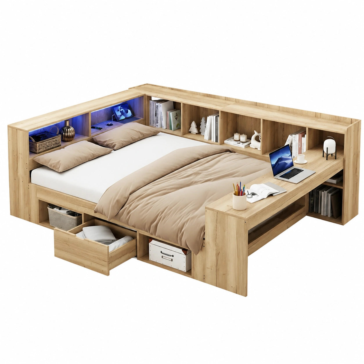 Holzbett 140x200 cm mit Stauraum und LED USB, Jugendbett mit Regal und Schreibtisch, Doppelbett ohne Matratze
