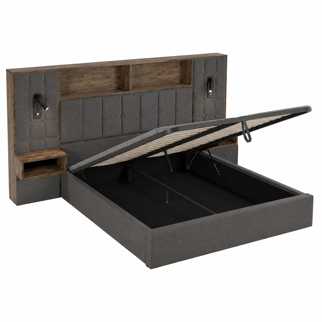 Modernes Polsterbett 160 x 200 cm mit Leselampen und USB, Stauraum und Nachttischen, Stoff Grau