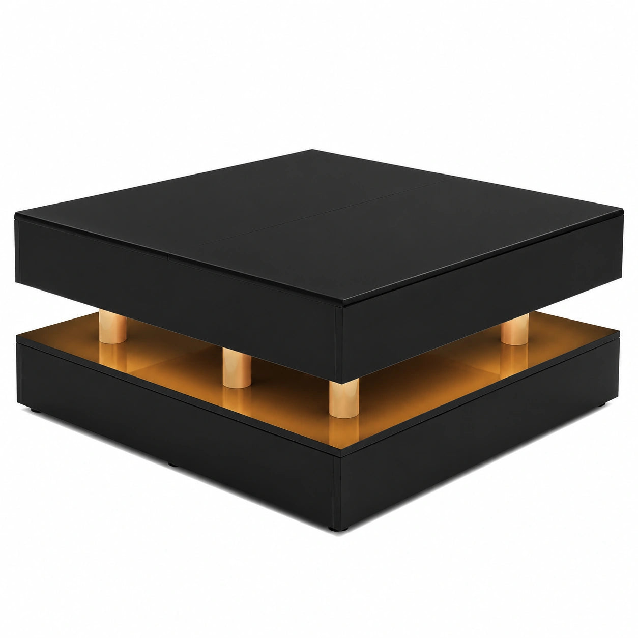 Moderner Couchtisch mit LED, Hochglanz, 2 Schubladen & verstecktem Stauraum, Sofatisch für Wohnzimmer & Büro, Schwarz, 78x78x43cm