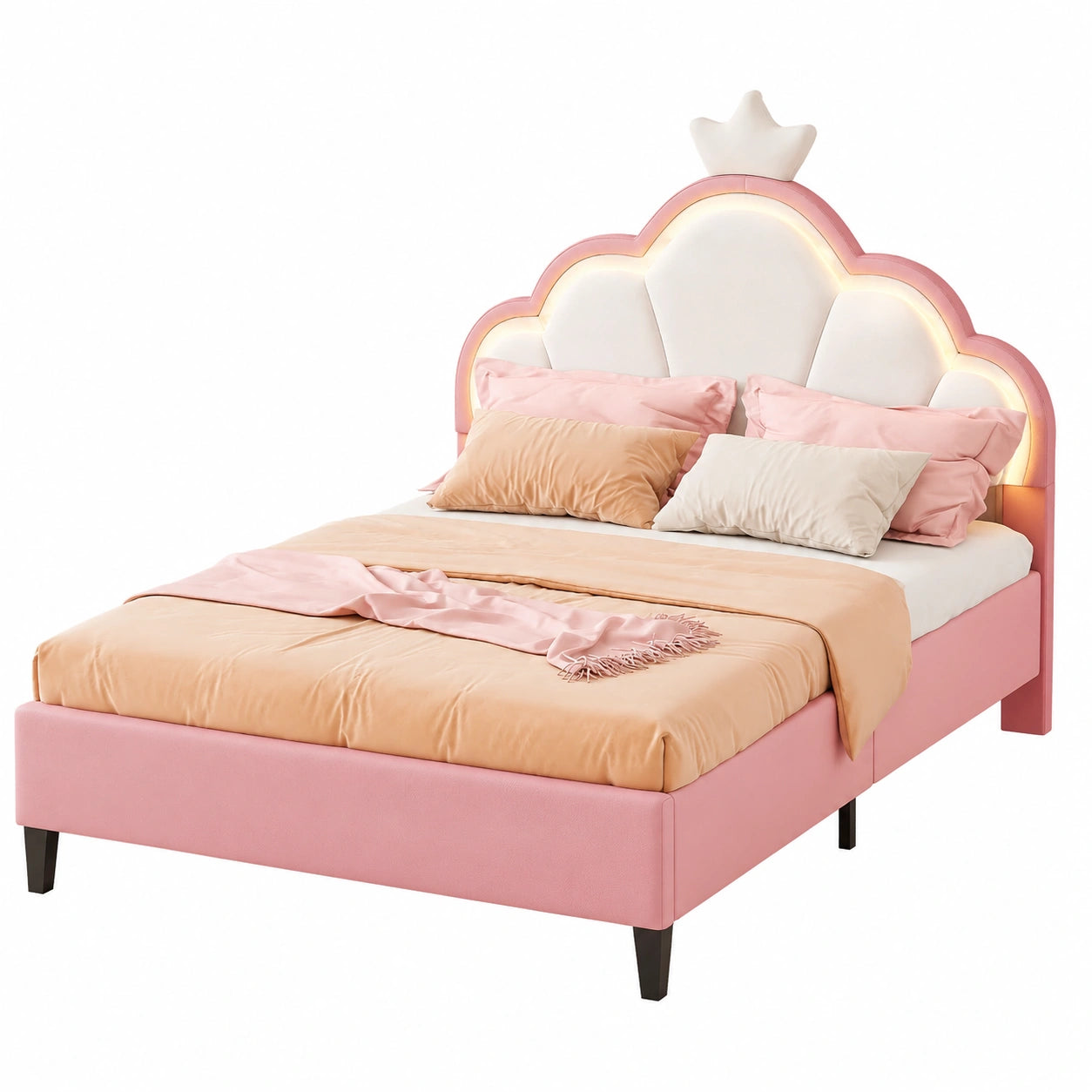 Prinzessinnenbett 140 x 200 cm, Rosa Samt-Kronenbett mit LED, Polsterbett für Mädchen ohne Matratze