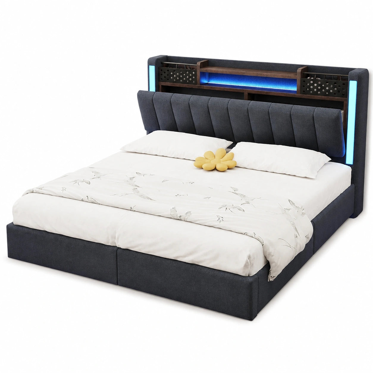 Polsterbett 140x200 cm mit LED & USB, Stauraum im Kopfteil, Grau Leinen