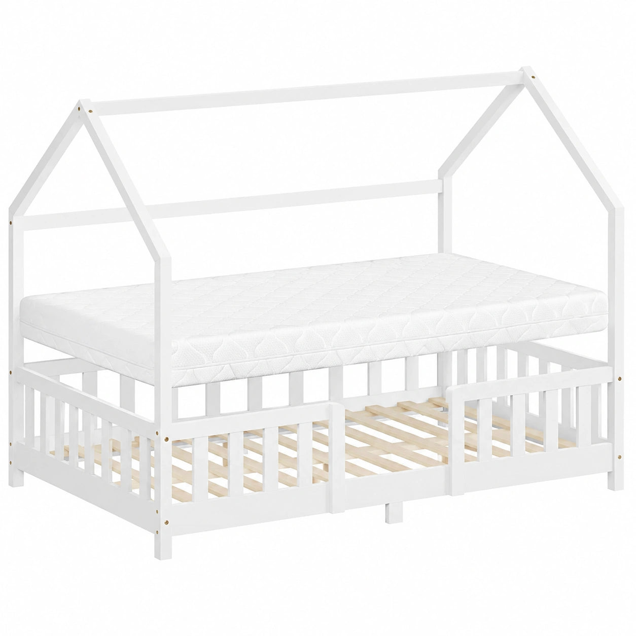 Hausbett 120x200 cm aus Kiefernholz mit Matratze, Rausfallschutz und Dach, Weiß – Montessori Bodenbett für Kinder