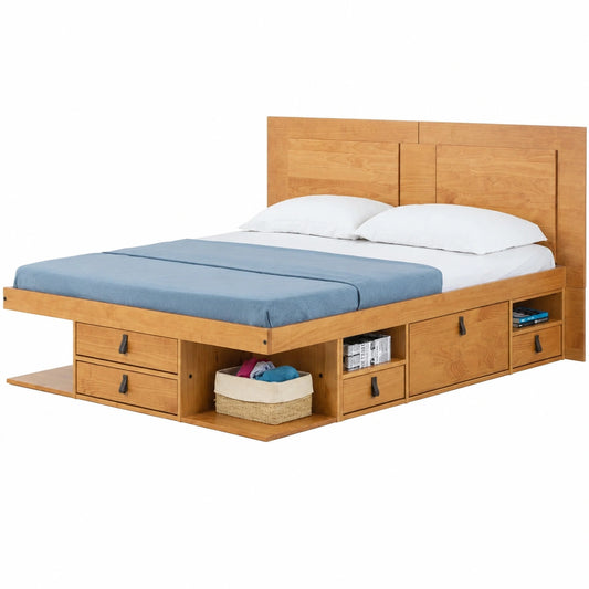 Raumsparendes 160x200 Massivholz-Bett aus Kiefer mit Stauraum und Lattenrost