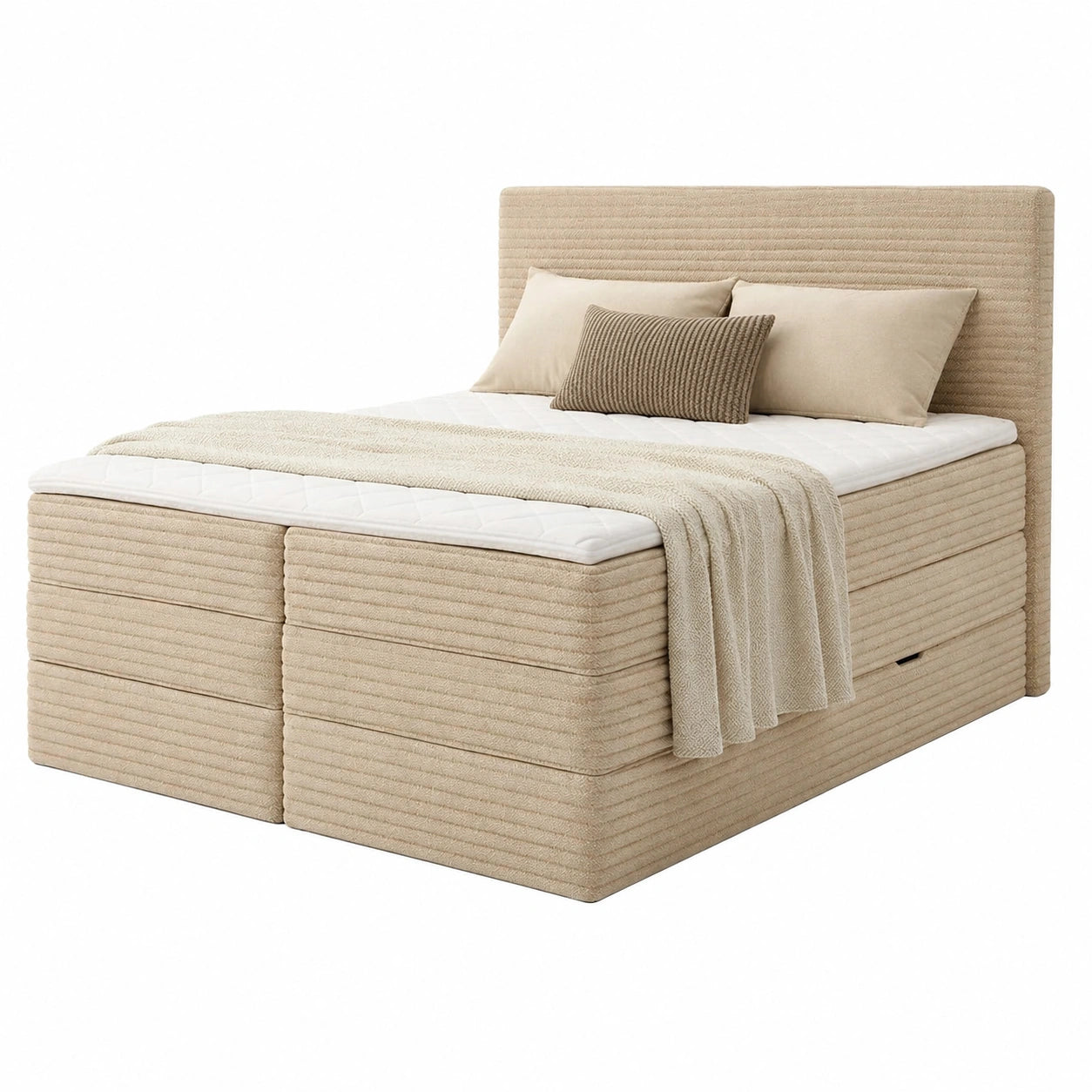 Großes Boxspringbett Mollo XL mit Stauraum und Komfortmatratzen, Cordbezug, Beige, 160x200 cm