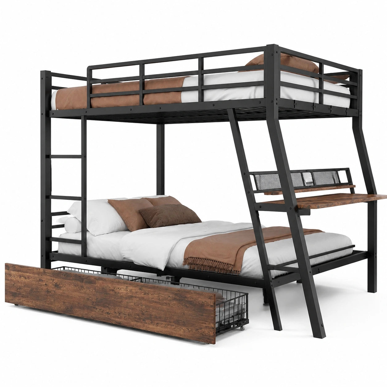 Modernes Jugend-Hochbett 140x200 mit LED, Schreibtisch und Stauraum, inkl. Rausfallschutz, Metall, Schwarz