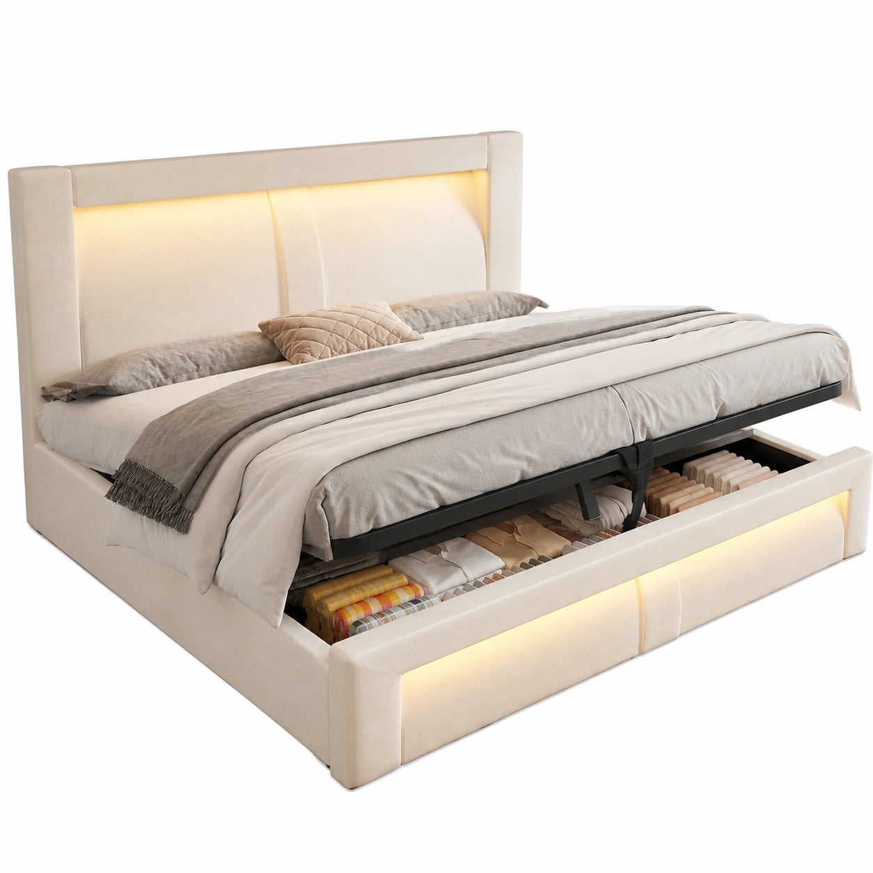 Stauraumbett 140x200 cm aus Samt mit LED und USB-C, Bettgestell mit Lattenrost, Beige