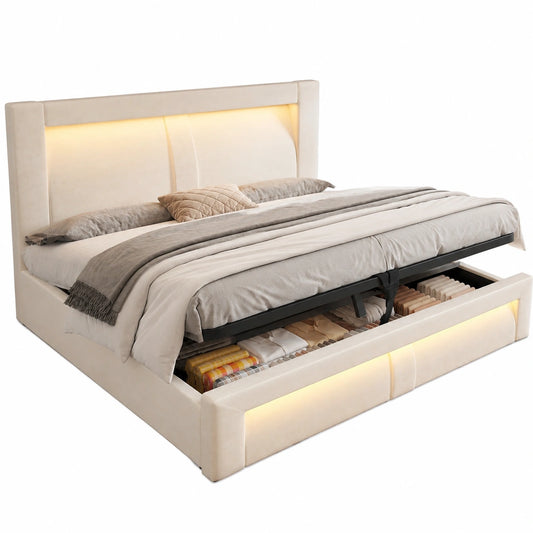 Stauraumbett 140x200 cm aus Samt mit LED und USB-C, Bettgestell mit Lattenrost, Beige
