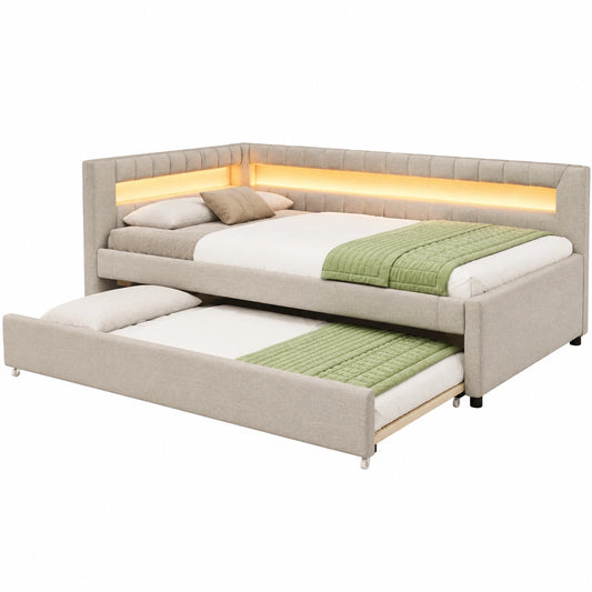 Multifunktionales Polsterbett 140x200 mit LED, USB-C & Ausziehfunktion, Bettgestell ohne Matratze in Beige