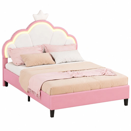 Prinzessin Samtbett 90x200 cm mit LED, höhenverstellbares Kopfteil, Kinderbett Rosa