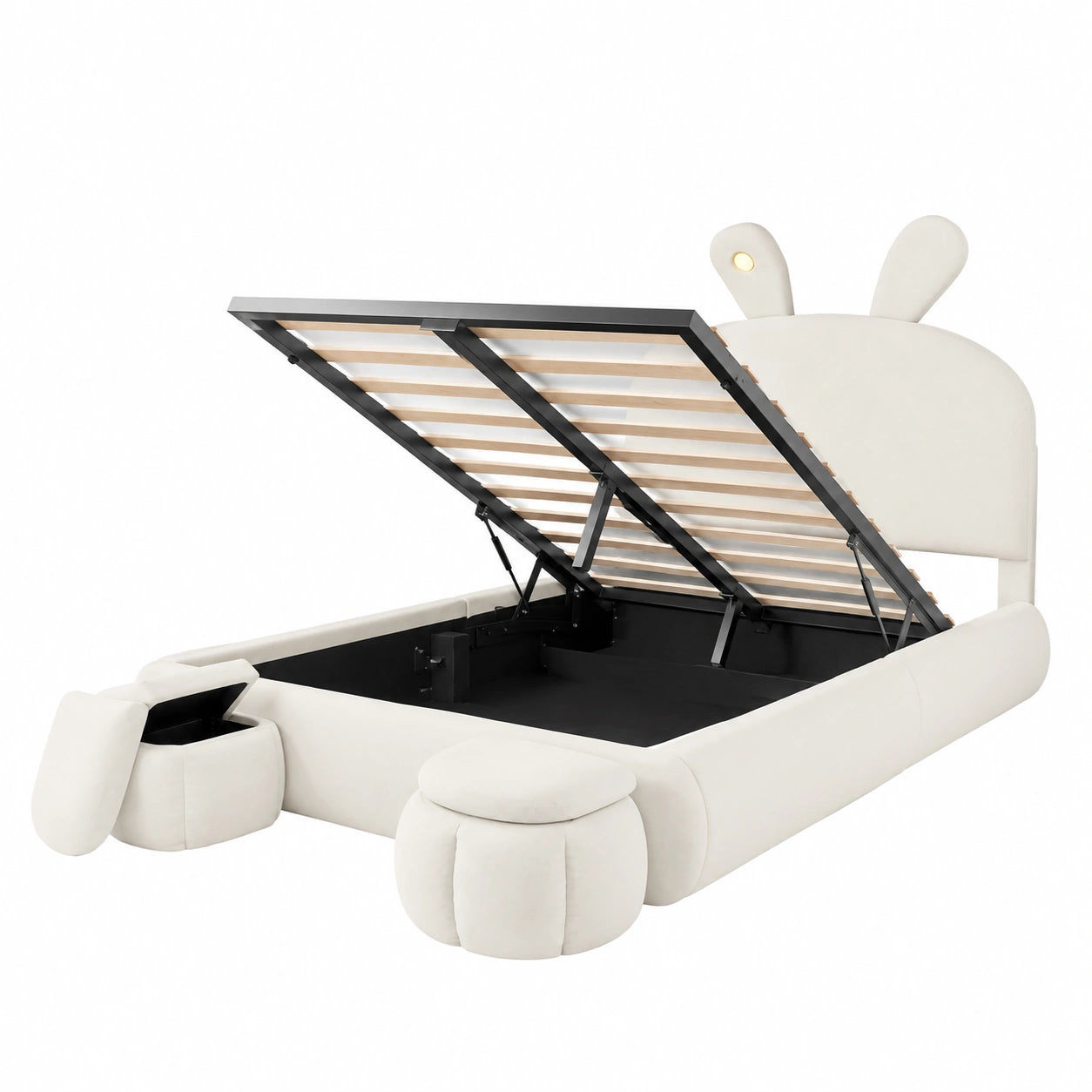 Hydraulisches Polsterbett 140x200 mit Stauraum und LED-Beleuchtung, inklusive Aufbewahrungshocker, Samt Beige
