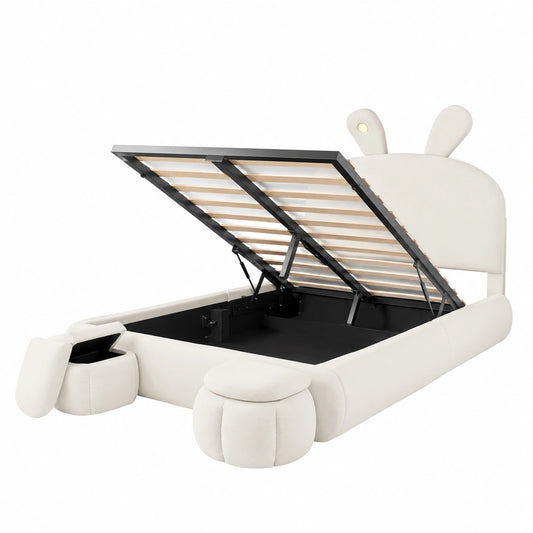 Hydraulisches Polsterbett 140x200 mit Stauraum und LED-Beleuchtung, inklusive Aufbewahrungshocker, Samt Beige