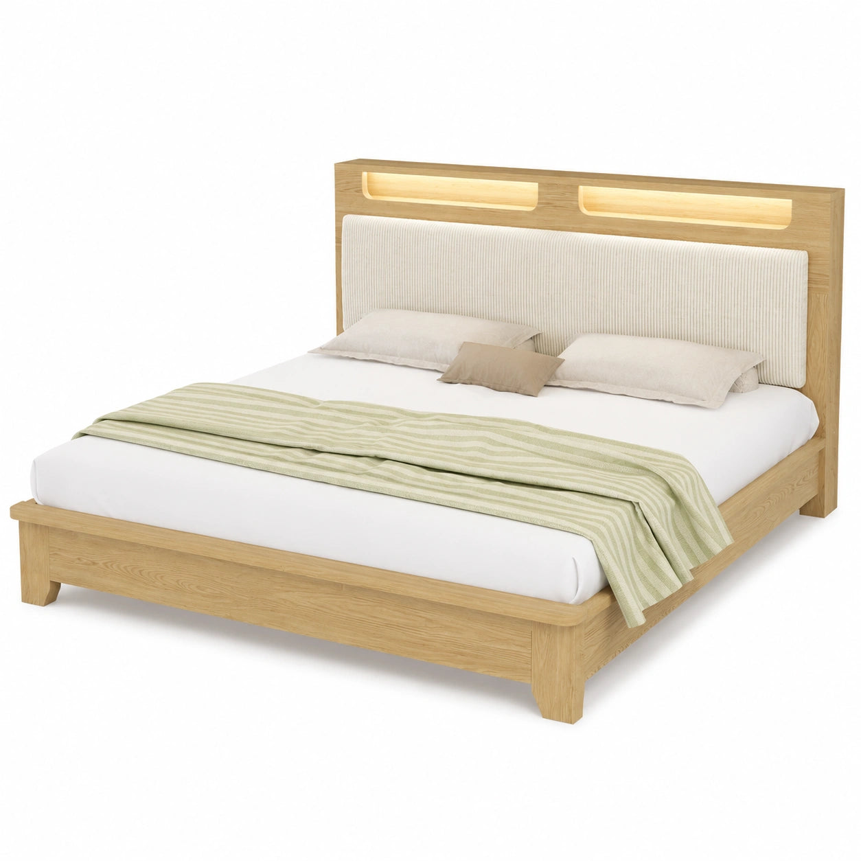 Merax Doppelbett 140x200cm mit LED, Stauraum und Cordpolster, Eichenholz