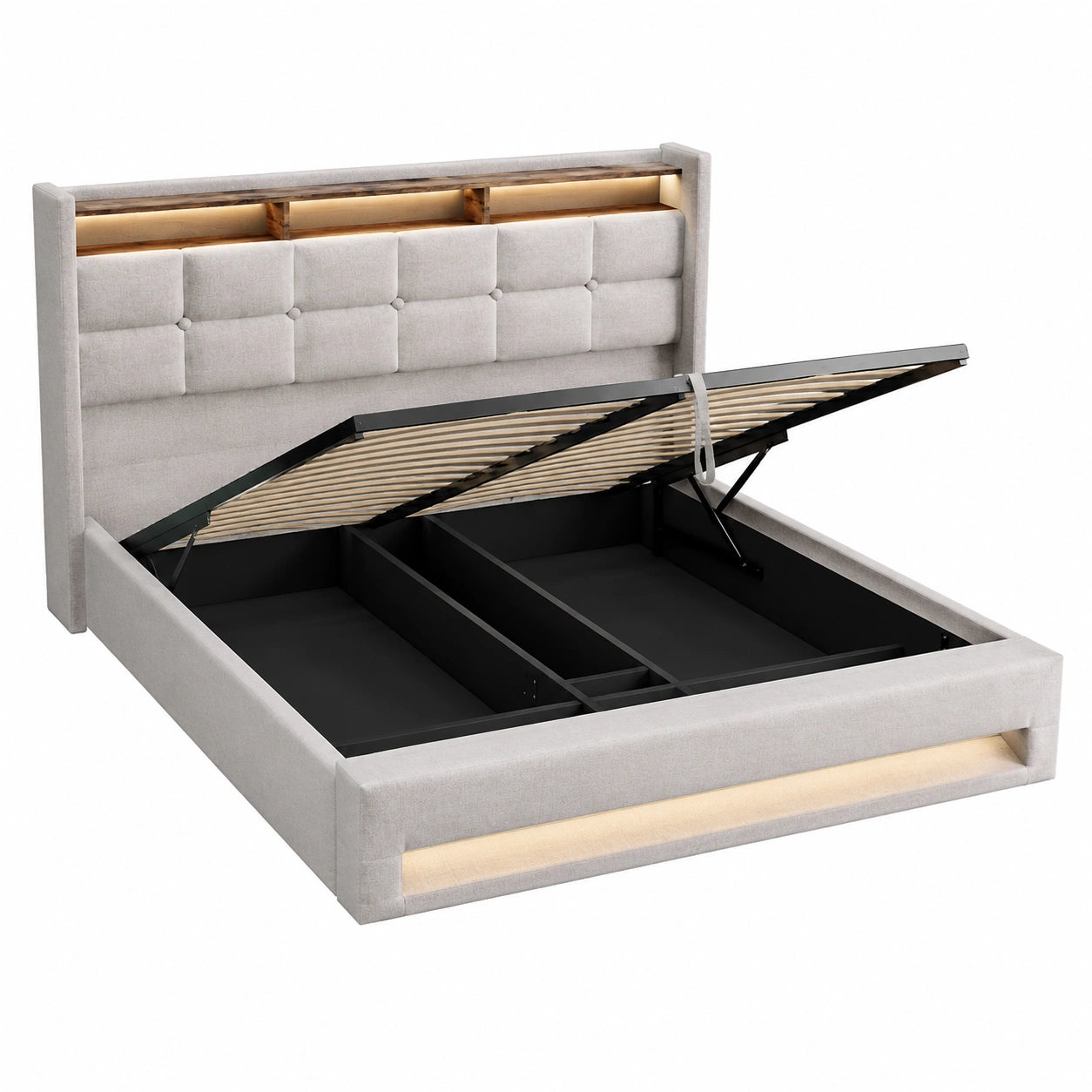 Modernes Polsterbett 140x200 cm mit LED-USB-Kopfteil und Stauraum, Beige Leinen