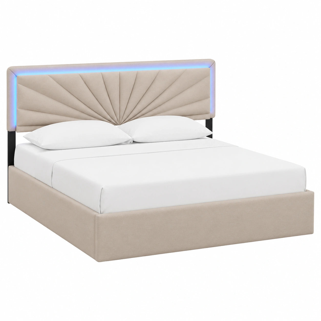 Modernes Polsterbett 160x200 cm mit LED-Beleuchtung und Stauraum, höhenverstellbares Kopfteil, Leinen Beige