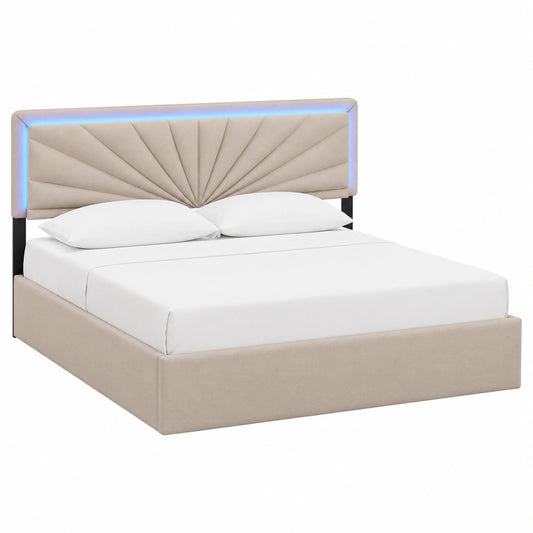 Modernes Polsterbett 160x200 cm mit LED-Beleuchtung und Stauraum, höhenverstellbares Kopfteil, Leinen Beige