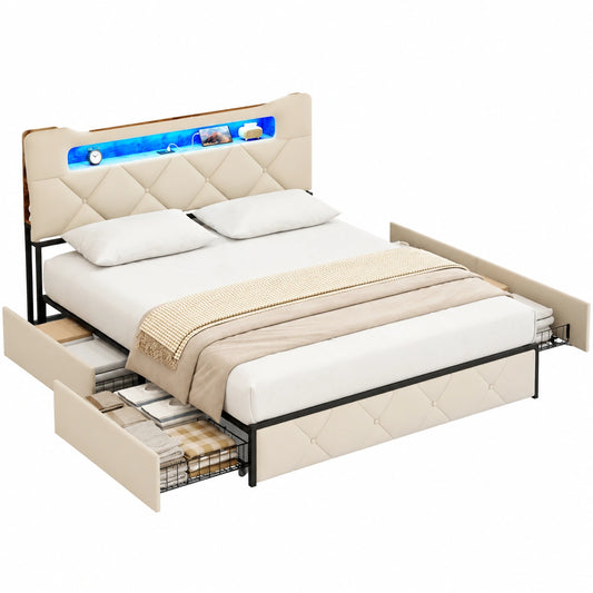 Gemütliches KeepGoon Polsterbett 160x200 cm mit LED, USB und Stauraum