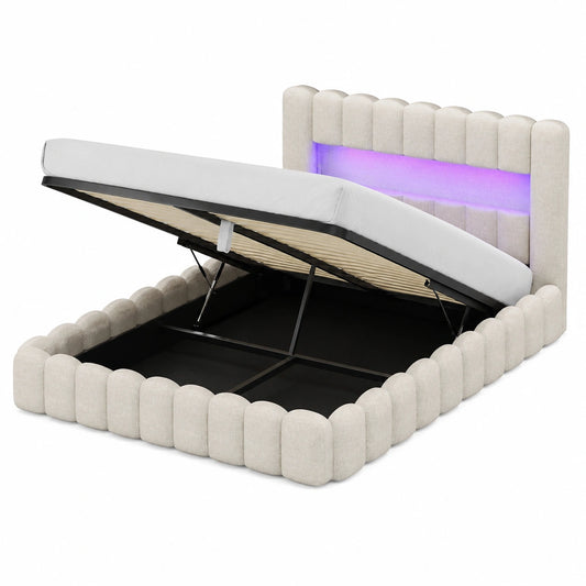 Modernes 180x200cm Polsterbett mit USB, LED und Stauraum, inkl. Lattenrost, Leinenstoff