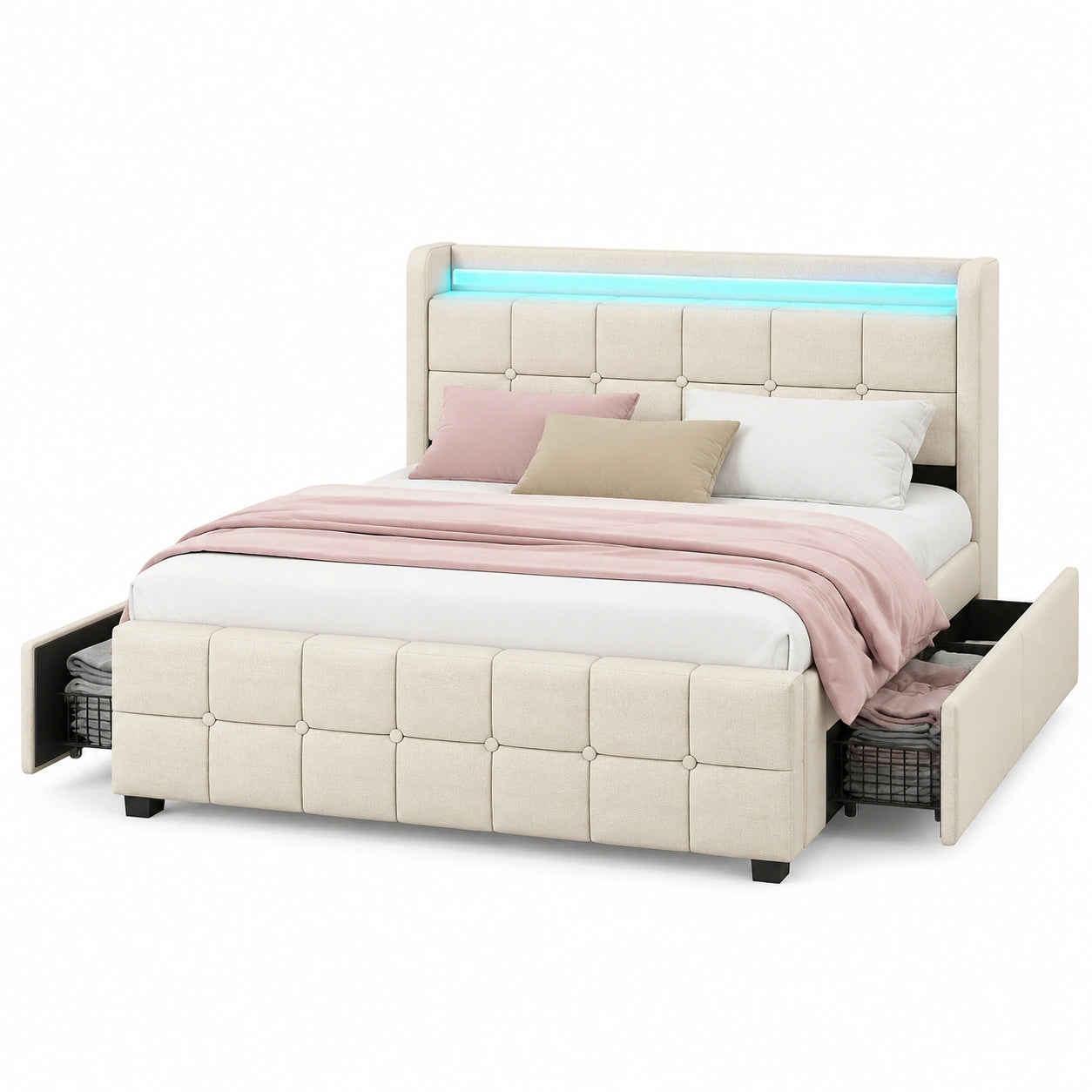 140x200 cm Polsterbett mit LED-Lichtleiste, Stauraum, USB-Ladefunktion, Leinenbezug, einfache Montage, Beige