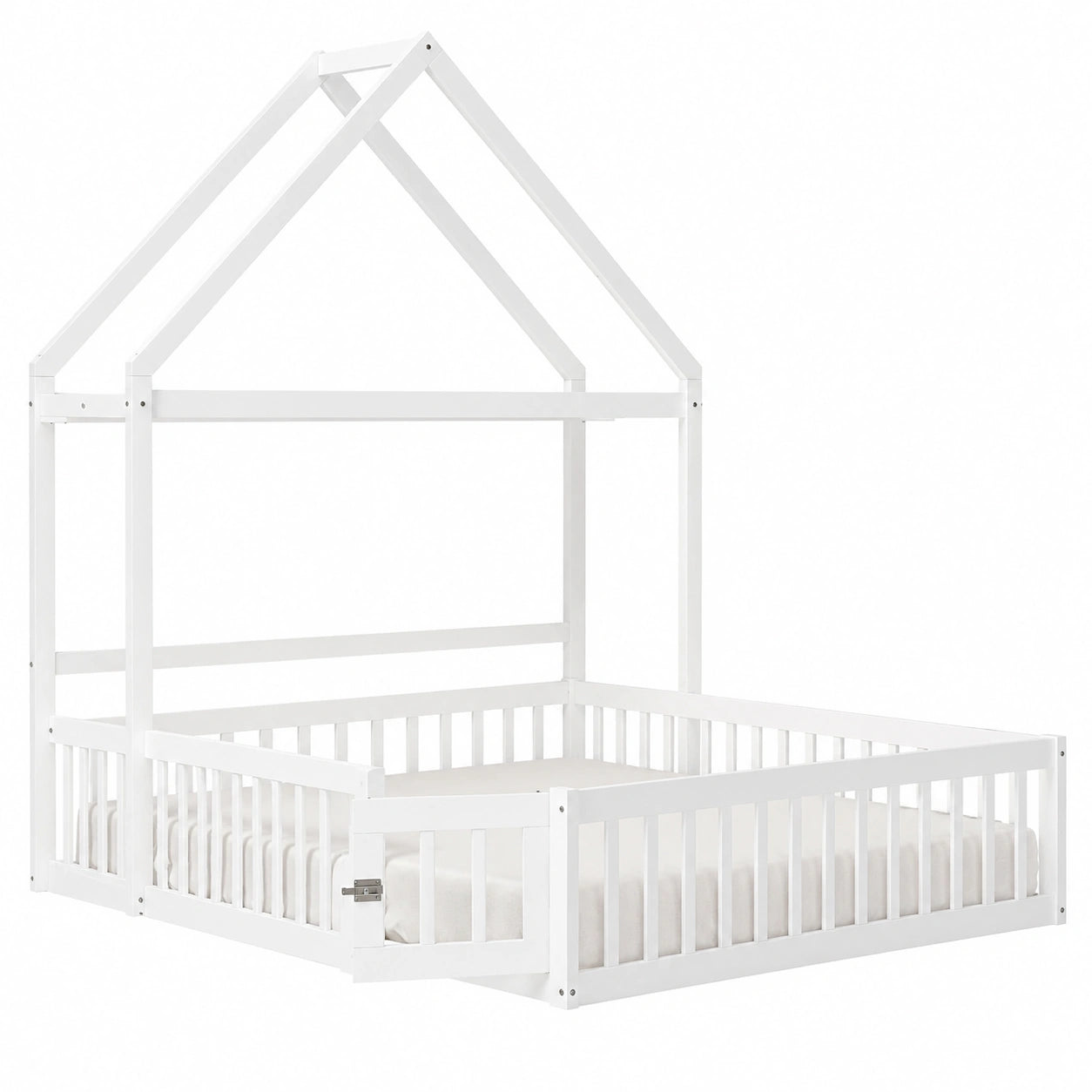 Montessori Kinder-Hausbett aus Kiefernholz, 140x200 cm, mit Dach, Sicherheitsgitter und Kleiderstange, Weiß, ohne Matratze