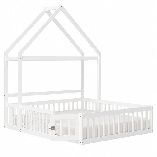 Montessori Kinder-Hausbett aus Kiefernholz, 140x200 cm, mit Dach, Sicherheitsgitter und Kleiderstange, Weiß, ohne Matratze