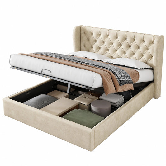 Bequemes Merax Samt-Doppelbett 180x200cm mit Stauraum und Lattenrost, Beige