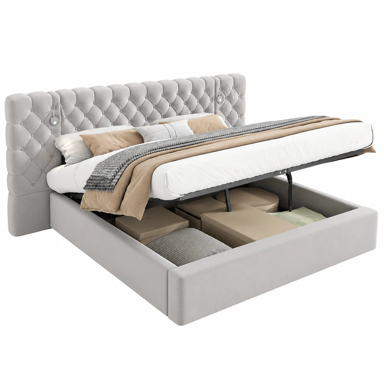 Stauraumbett 180x200 cm mit LED und Holzlattenrost, Samt Grau