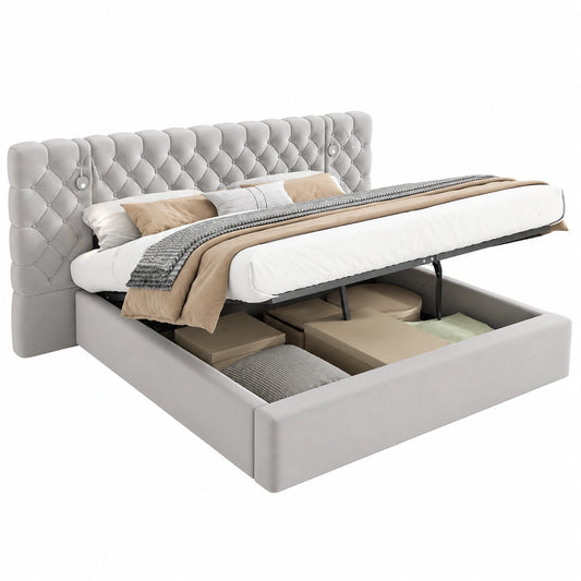 Stauraumbett 180x200 cm mit LED und Holzlattenrost, Samt Grau