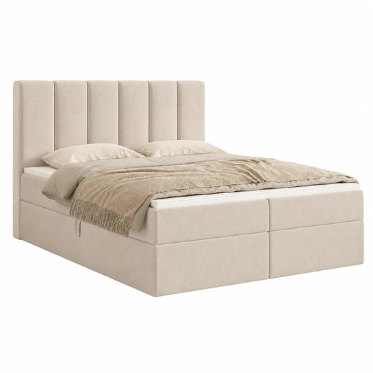 Luxus Boxspringbett Santiago 140x200 cm in Beige Samt mit Taschenfederkernmatratze und Komfortschaum-Topper