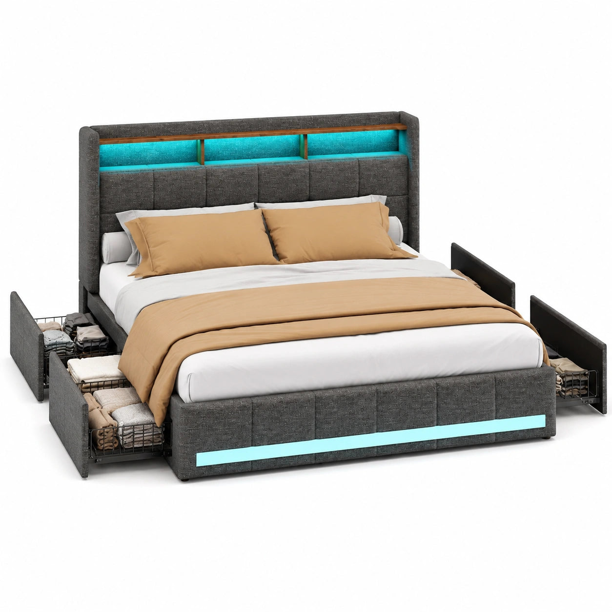 LIVLUX Stauraum-Polsterbett 180x200 cm mit LED & USB, modernes Doppelbett mit Lattenrost und Schubladen, Kopfteil-Aufbewahrungssystem, Grau