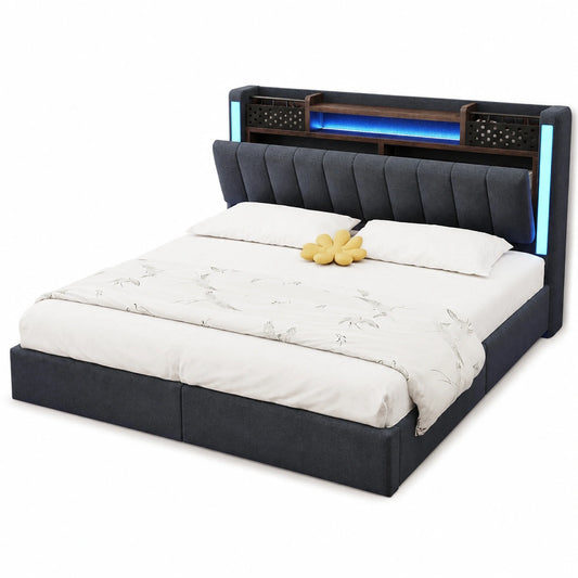 Polsterbett 140x200 cm mit LED & USB, Stauraum im Kopfteil, Grau Leinen